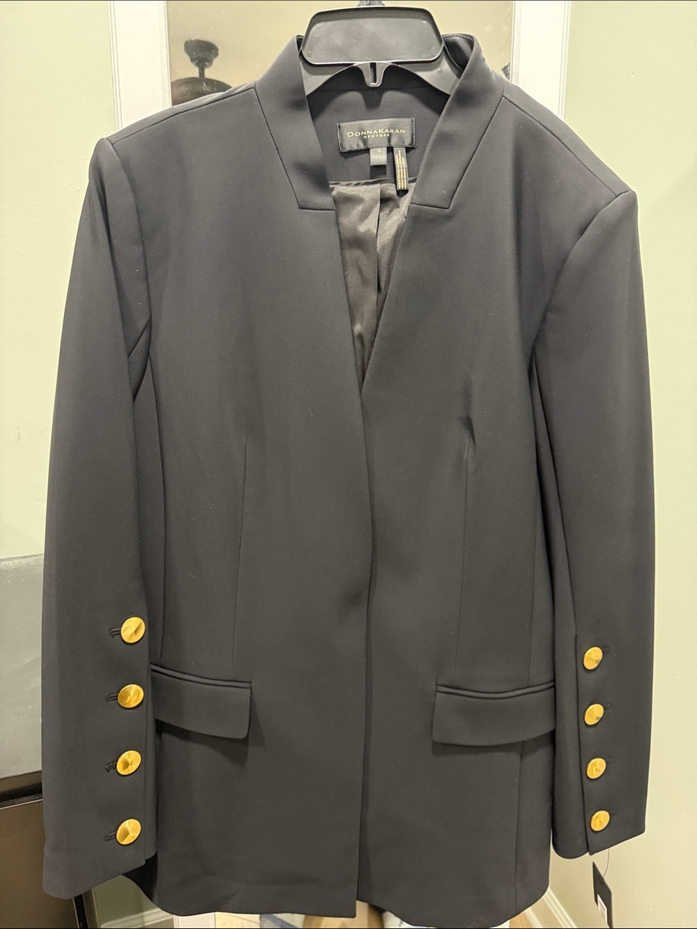 Donna Karan Black Longline Collarless Blazer with Gold Accent Buttons